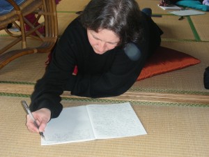 Alison Gray, now returned to Glasgow, but who completed all four levels of DOTWW in Japan. Here she is writing her way through Level 1 as two Sunday workshops in Zushi. It has just been announced that she has won a Young Scottish Writers Award for 2014. 